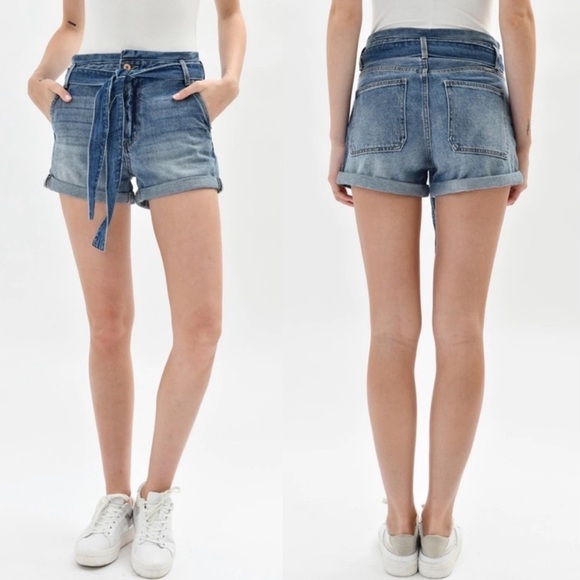 NWT KanCan Paperbag High Waisted Tie Belt Jean Shorts - Picture 4 of 10